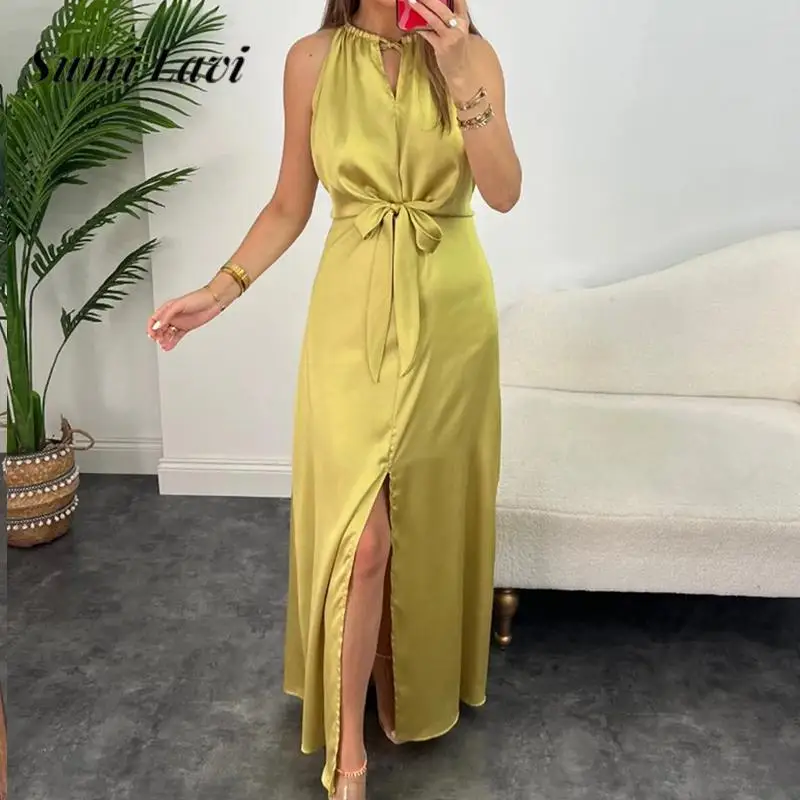 

New Fashion Solid Color Hollow Out Split Dress Summer Women Sleeveless Halter Long Dress Sexy Ladies Waisted Lace-up Party Dress