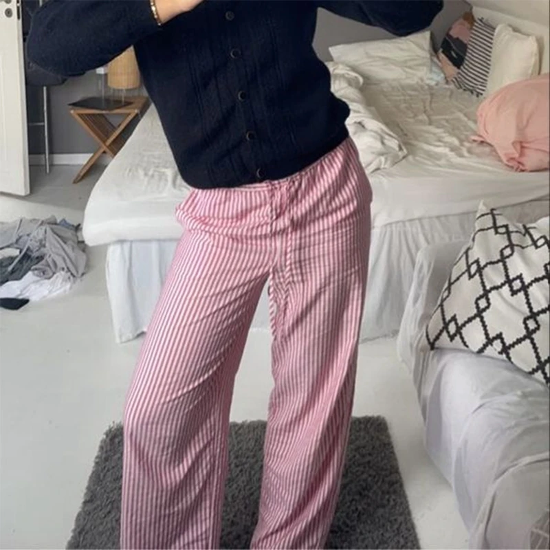 Pantalones anchos a rayas de moda elegante para mujer, ropa de calle coreana, informales, con cordón, de cintura alta, sueltos, rectos, largos, ropa de estar por casa