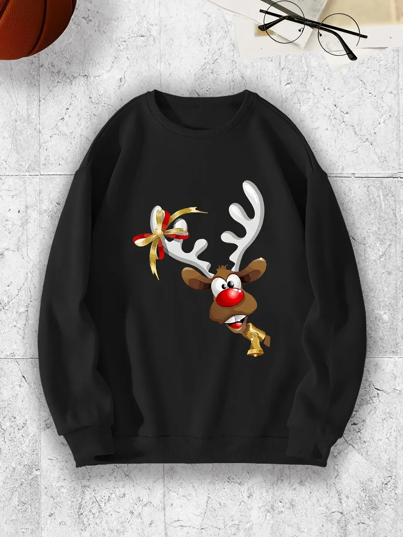 Men's Christmas Reindeer & Rudolph Graphic Sweatshirt - Crew Neck Long Sleeve Pullover, Black Golden