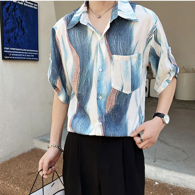 Elegant Fashion Harajuku Slim Fit Ropa Hombre Loose Casual Sport All Match Men's Shirts Square Neck Button Half Sleeve Blusa