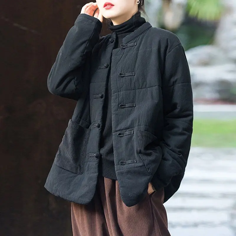 chinese retro thickened jacket women's loose winter tangsuits button up ethnic style cotton jacket tea retro cotton coat