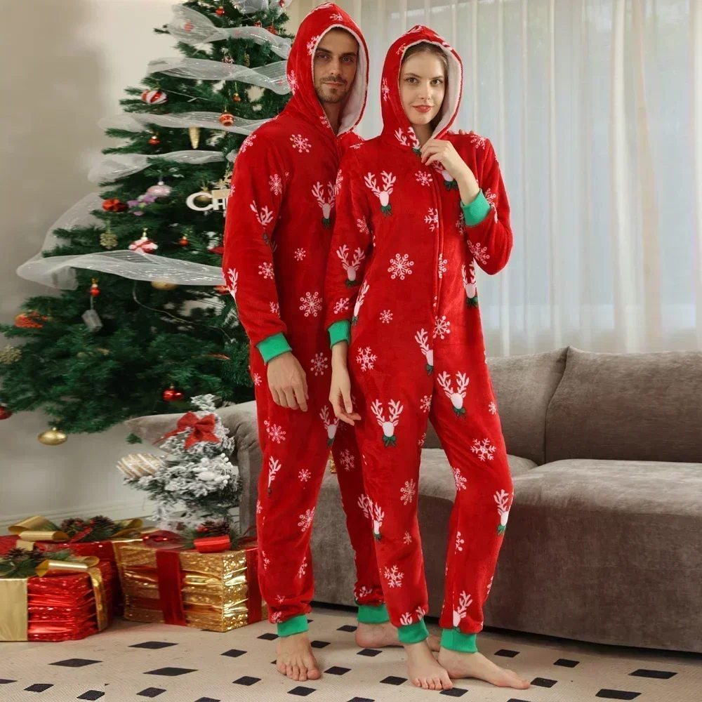 New Family Christmas Clothes Red Flannel Pajamas Warm Soft Jumpsuit Print Parent-child Matching Outfits Hooded Romper Xmas Look 5