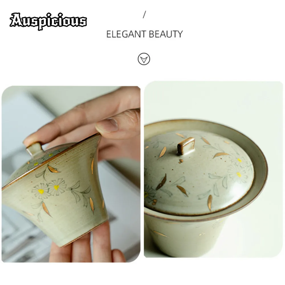 120ml Outline in Gold Tea Bowl Hand-painted Small Daisies Gaiwan Retro Tea Tureen Making Cover Bowl Ceremony Gift Kettle