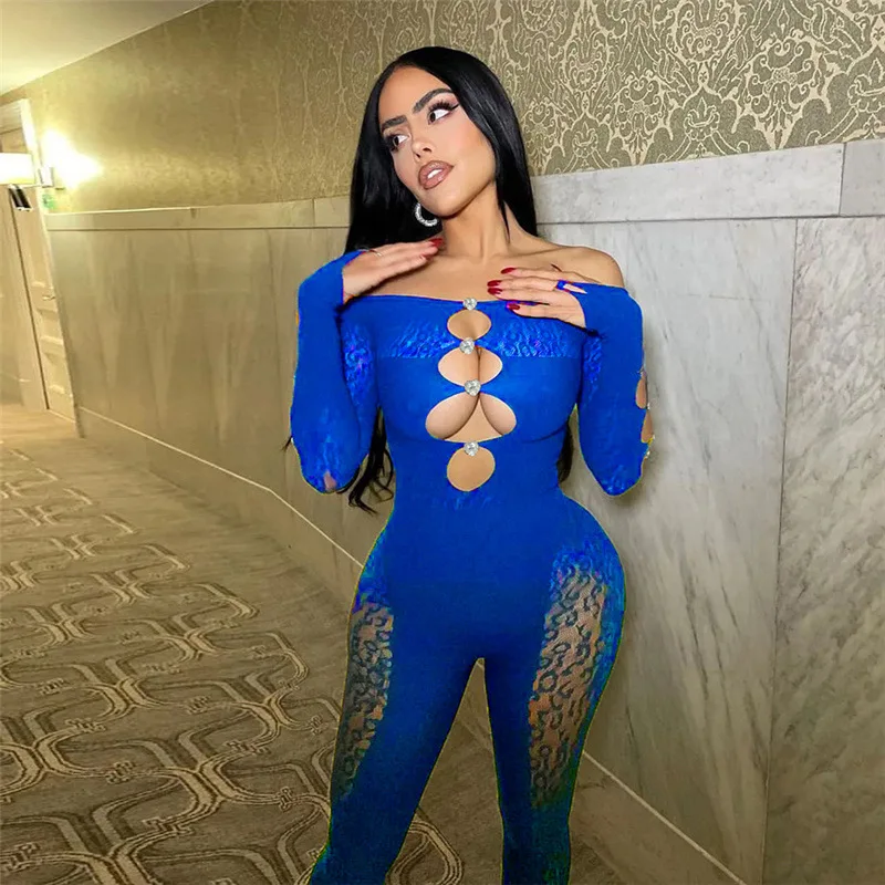 

Echoine Hollow Out See Through Jumpsuits Women Solid Seductive Midnight Off Shoulder Long Sleeve Body-Shaping Clubwear Outfit