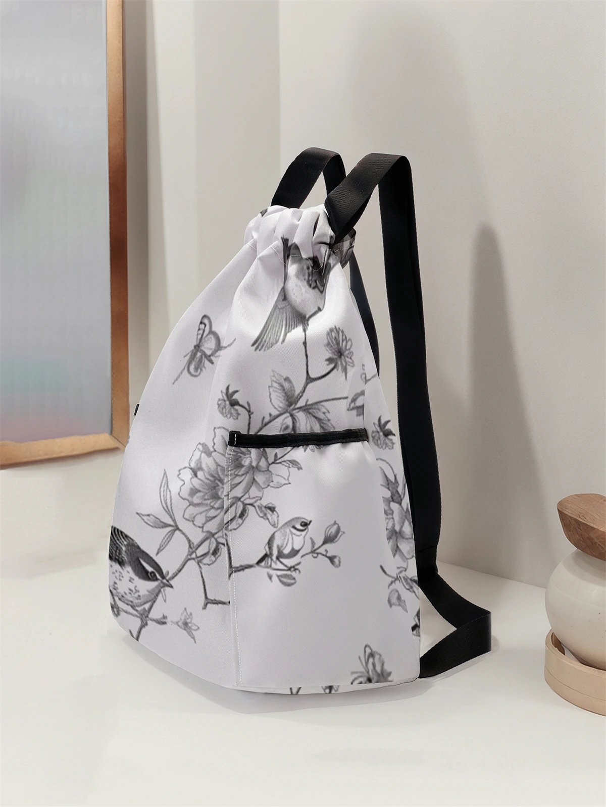 Bird Pattern Drawstring Backpack - Large Capacity Durable Fitness Bag, Adjustable Shoulder Strap, Sports Beach Backpack