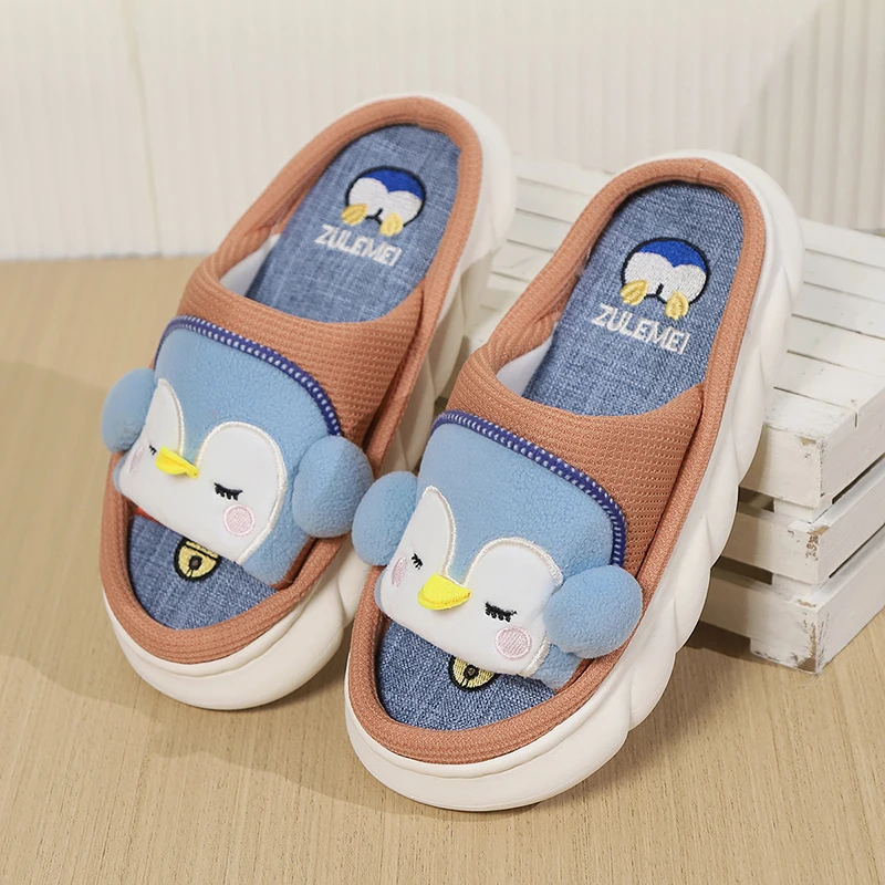 Linen Casual Platform Slippers Women Home Cartoon Penguin Cute Designer Shoes Girls 2024 Fashion House Slipper Flats Large Size