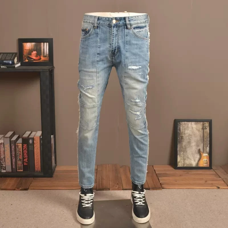 Fashion Streetwear Men Jeans Retro Blue Elastic Stretch Skinny Fit Ripped Jeans Men Spliced Designer Hip Hop Denim Pants Hombre