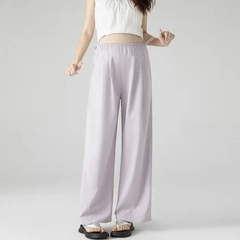 Summer Maternity Wide Legs Trousers Solid Color Drawstring Waist Pregnant Woman Straight Pants Maternity Pants for Pregnancy