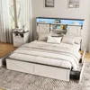 with 4 Drawers and Bookcase Headboard, Sliding Barn Door Storage Shelves, No Box Spring Needed, Beds Frames 1