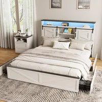 with 4 Drawers and Bookcase Headboard, Sliding Barn Door Storage Shelves, No Box Spring Needed, Beds Frames 1