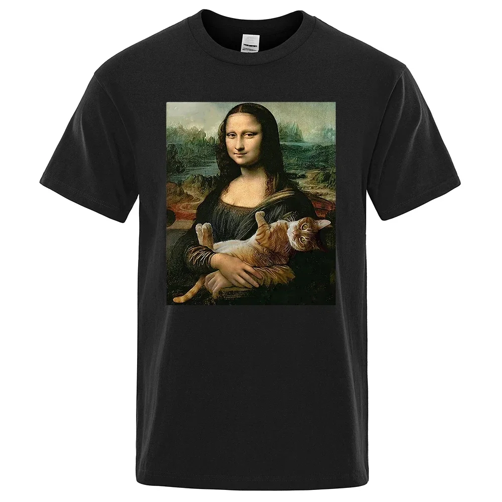 

Cotton T Shirts Loose Breathable Clothing O-Neck Fashion Short Tees Funny Mona Lisa And Cat Printed T-Shirt For Men Summer