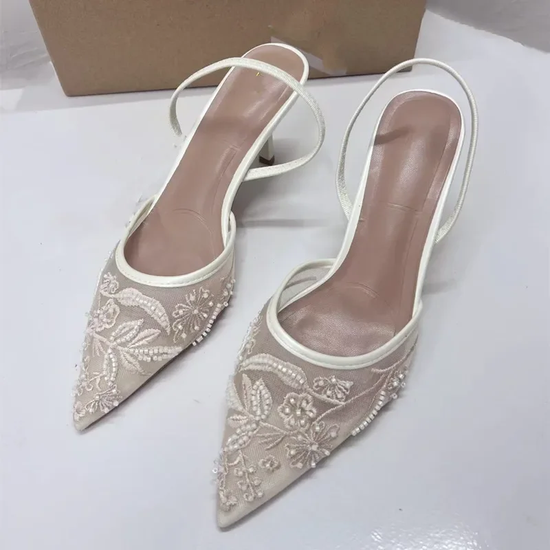 Woman Embroidered Mesh Bead String Slingback Sandals Fashion Print Stiletto Women High-heel Pumps Sexy Pointed End Woman Shoes