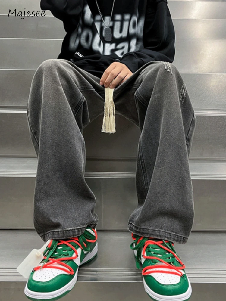 

Джинсы мужские в американском стиле, шикарные универсальные поцарапанные джинсовые брюки в стиле Харадзюку, яркие мешковатые Модные осенние для колледжа