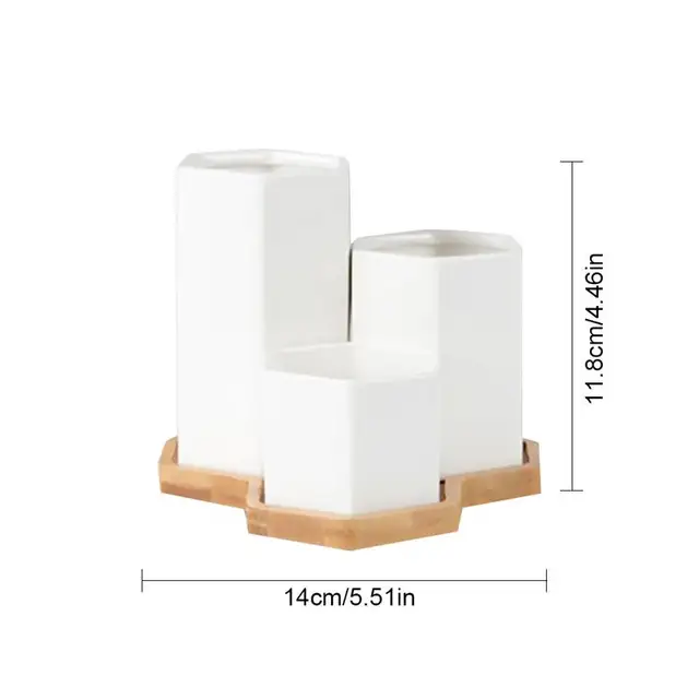 Fehér Kerámia Pot Hatszögletes Zamatos Ültetvény Tál Modern Geometriai Virág Edény, Vízelvezető Funkcióval Bambusz Tálcával - Image 6