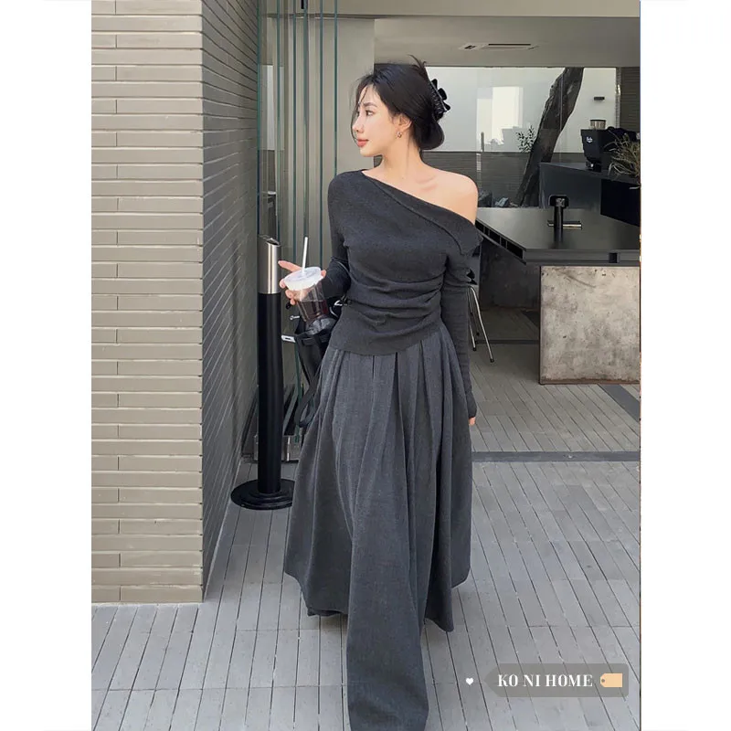 

Корейский новый весенний модный свитер, сексуальный вязаный пуловер с открытыми плечами, рубашка, джемпер с длинным рукавом, черный, серый трикотажный топ