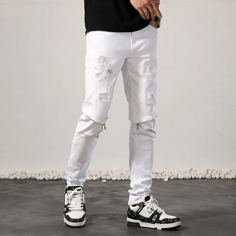 High Street Fashion Men Jeans White Elastic Stretch Skinny Ripped Jeans Men Beading Patch Designer Hip Hop Denim Pencil Pants