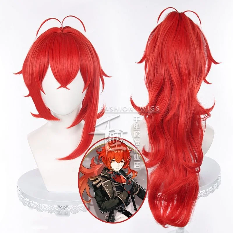 

New! Games Genshin Impact Diluc Cosplay Wig High Ponytail Red Wig Cosplay Manga Wig Anime Wig Heat Resistant Synthetic Wigs