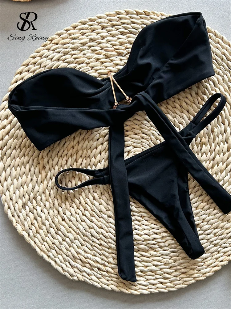 SINGREINY Women Solid Vacation Style Bikini Suits Female Slim Backless Short Suit New Fashion Lace Up Sensual Beach Sets