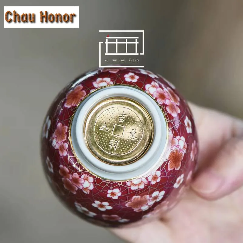 110ml  Antique Plum Blossom Cherry Red Ceramic Tea Cup Luxury Gold Bottom Cup for Tea Personal Cup Bowl Tea Ceremony Gift Box