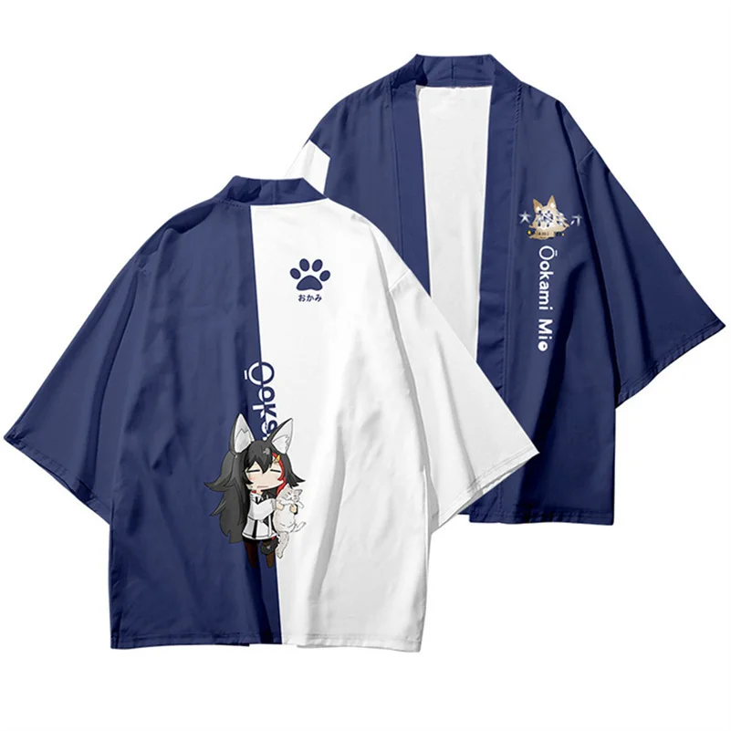 Hololive VTuber Ookami Mio Yukata Men Women Cardigan Loose Blouse Haori Obi Asian Clothes Harajuku Japanese Kimono Shirt
