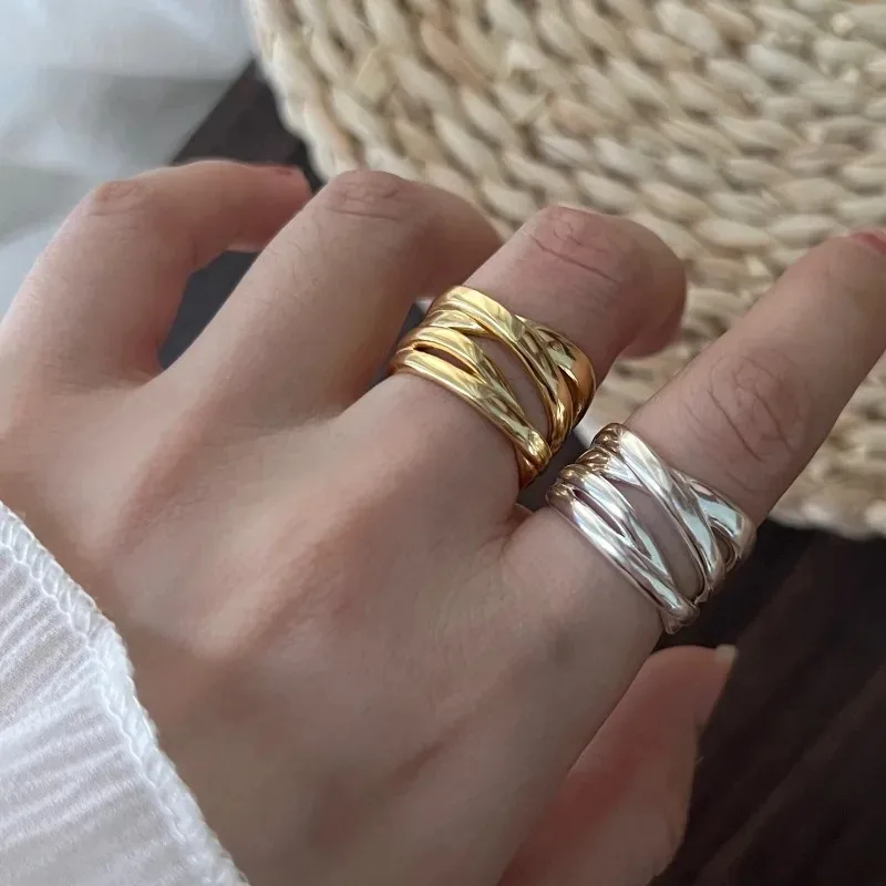 Anelli aperti a strati intrecciati in argento sterling 925 per donna e uomo, anelli regolabili con linee geometriche minimaliste alla moda, gioielli unisex. - immagine 2