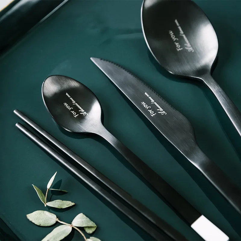 Stainless Steel Dinnerware Sets Knife and Fork Spoon Tableware Steak Chopstick Spoon Set Black Simple Western Tableware