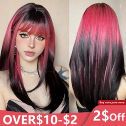 Pink Red Ombre Black Cosplay Synthetic Straight Wigs Long Layered Natural Hair with Bangs for White Women Daily Party Lolita Wig