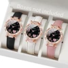 3pcs/set Women Ladies Fashion Leather Strap Heart-shaped Dial Quartz Watch Black White Pink Set 1