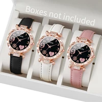 3pcs/set Women Ladies Fashion Leather Strap Heart-shaped Dial Quartz Watch Black White Pink Set 1