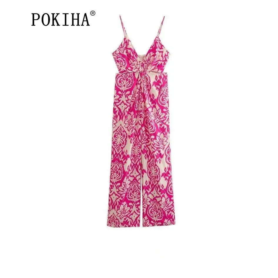 

Pokiha Fashion Women V Neck Sleeveless Straps Slip Cut Out Floral Print Pleated Jumpsuits Sexy Zipper Female Chic Playsuit Mujer