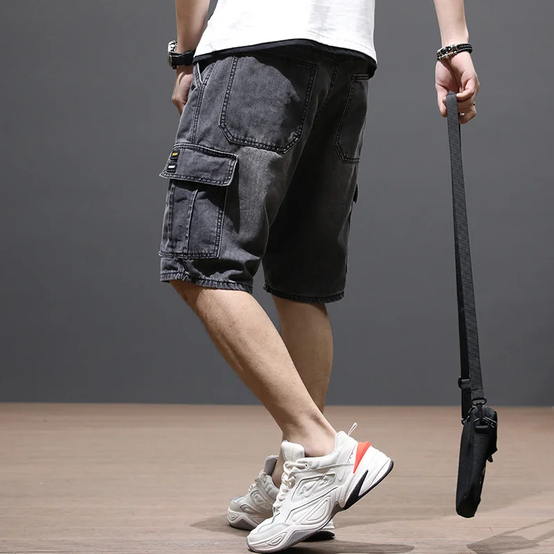 Summer Men\'s Fashion Pocket Baggy Jeans Shorts Loose Straight Capris Jeans For Men Streetwear Cargo Short Pants