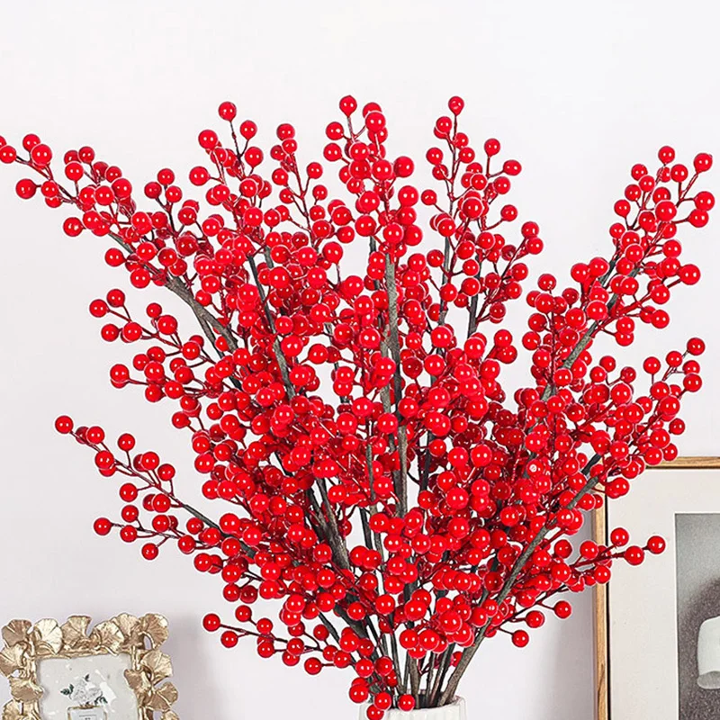1Pcs Christmas Red Berries Decoration Artificia Flowers Stems Ornament for Xmas Tree Lucky Fortune Tree Home Decor