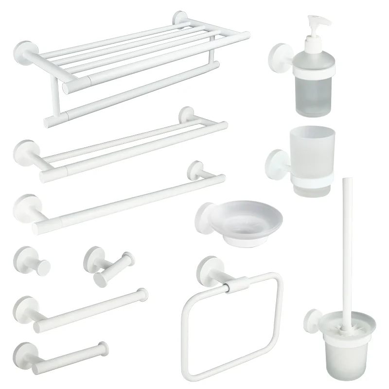 Matte White Bathroom Accessories Hardware Set Bath Towel Holder Paper Holder Robe Hook Toilet Brush Soap Dish Towel Rack Shelf