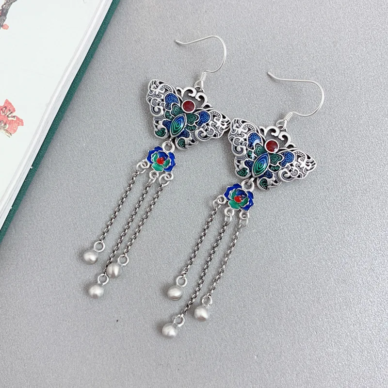 925 Sterling Silver Enamel Long Hanging Earrings Jewelry Ethnic Retro Style Blue Butterfly Tassel Earrings for Women Girls EH239