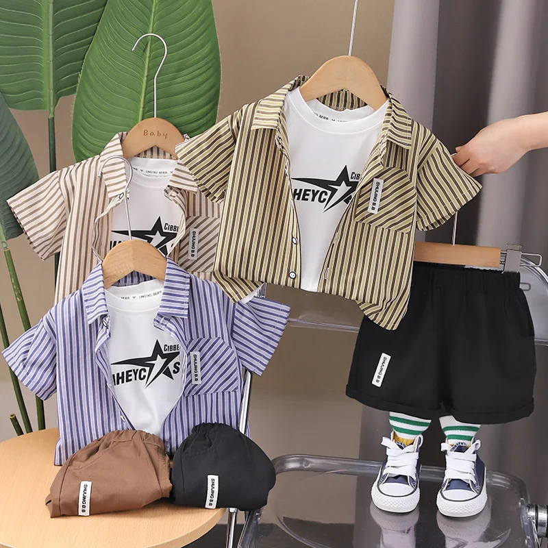 2024 Toddler Summer Outfits for Baby Boy Clothes 1 To 2 Years Vertical Striped Short Sleeve Shirts + T-shirts + Shorts Kids Suit