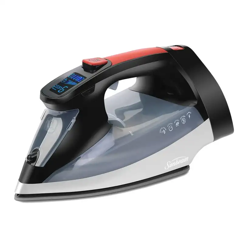 

Professional 1700W Digital Steam Iron, Multi-Color LCD Display Screen, Retractable Cord, Black and Red Finish