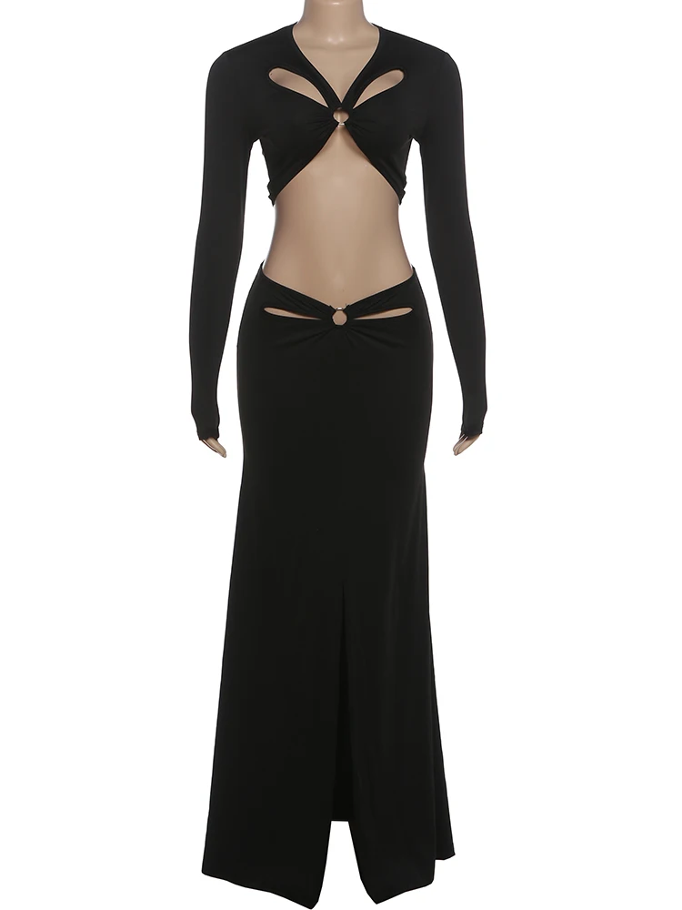 Nibber Beach Style Metal Rings Patchwork 2 Piece Set Woman V-Neck Full Sleeve Crop Tops+Hollow Design Long Skirt Elegant Outfits