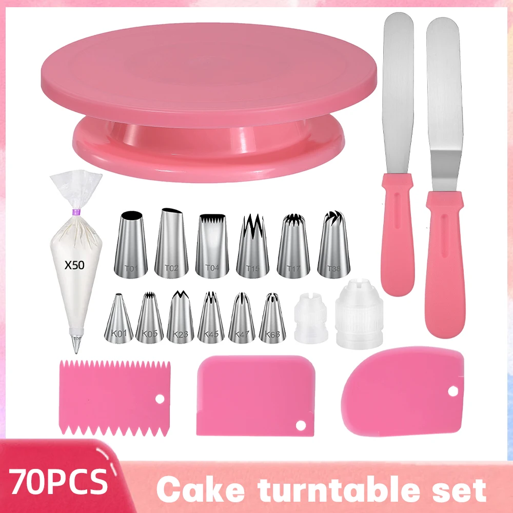 Cake Stand Cake Turntable Baking Supplies Cake Tools Cake Decorating Kit Rotating Bearing Turntable 70PCS Rotating Pastry Turntable Kit 50PCS Disposable Piping Pastry Bags Stainless Steel Piping Nozzles Cake Decorating Turntable
