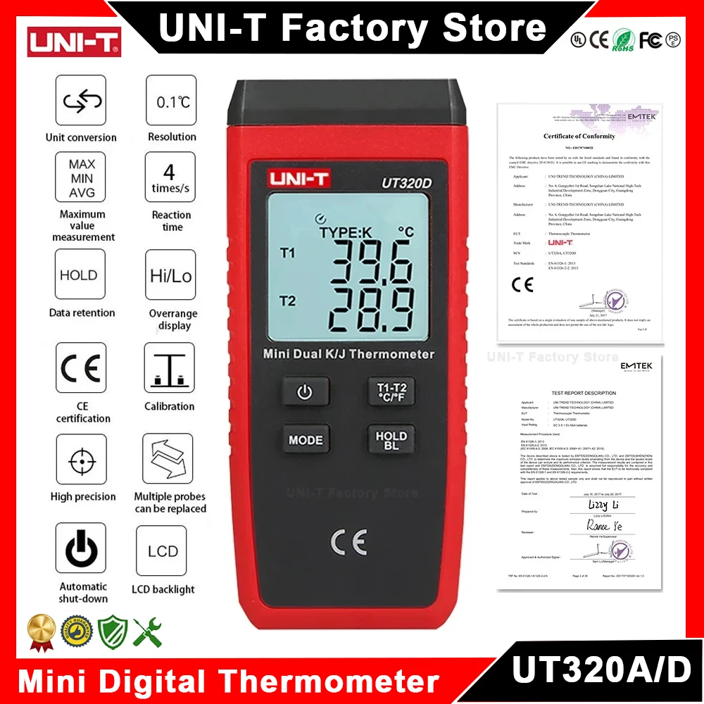 UNI-T UT320A UT320D Digital Thermometer Mini Dual K/J Type