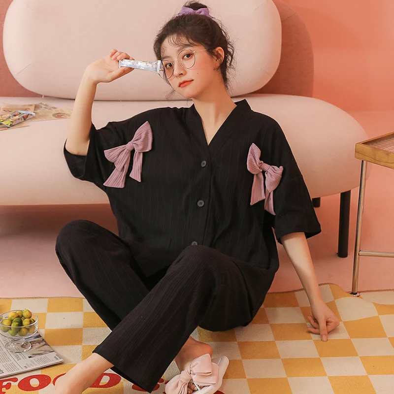 Spring Cotton Home Suit Kimono V Neck Short Sleeves Sleep Tops Trouser Women's Sleepwear Set Female Pajamas Suit outfits night