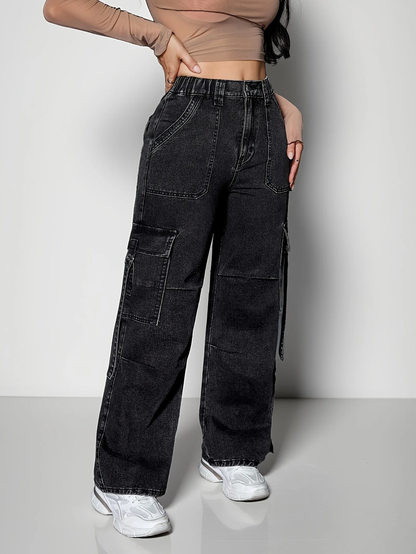 Jean de travail pour femmes avec poches à rabat, taille élastique, poches multiples, jean de travail multifonctionnel taille moyenne à jambes larges