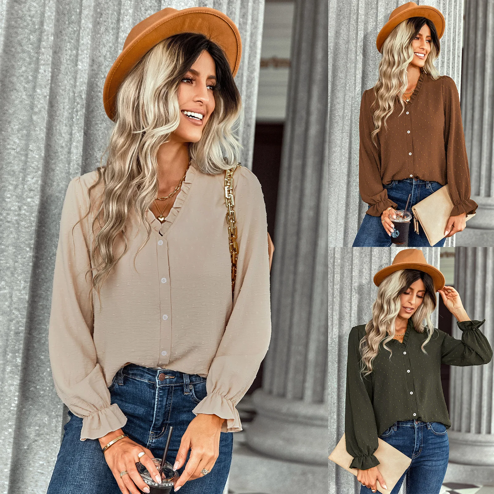 

Новая трендовая Женская осенне-зимняя женская модная повседневная однотонная универсальная рубашка в горошек с V-образным вырезом и длинными рукавами