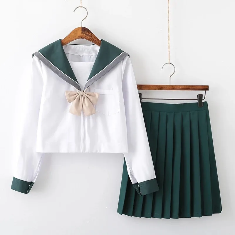 

School Uniform Japanese Style Pleated Skirts JK Uniform for Girl High School Student Kawaii Green Sailor Cosplay Korean Clothing