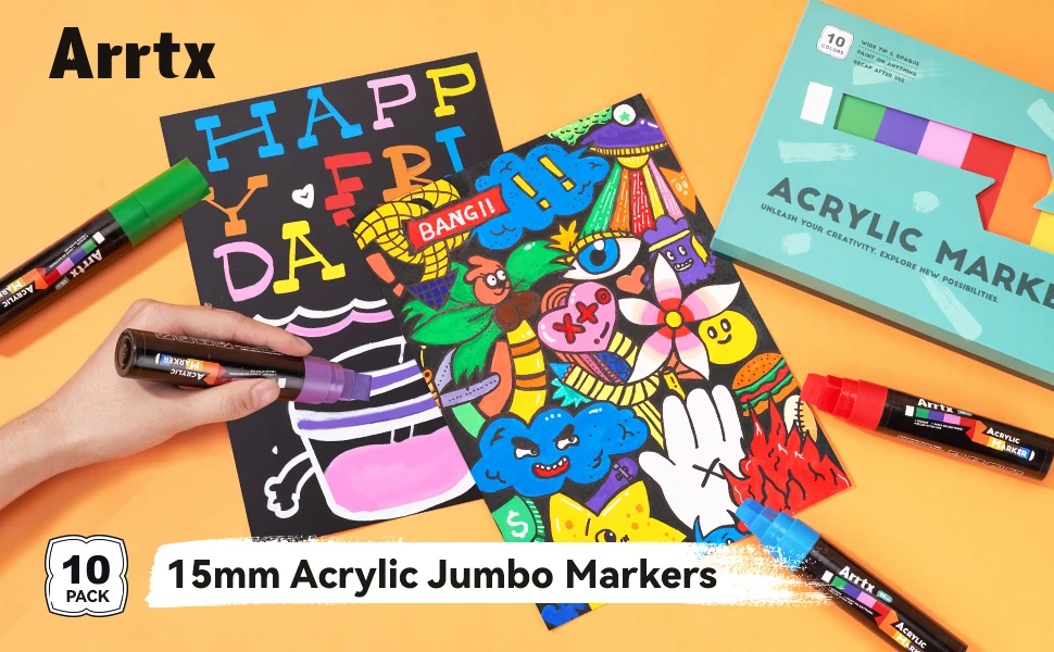 Arrtx 15 mm Jumbo-Acryl-Marker, 10 Farben, Acryl-Farbstifte für Stein, Keramik, Porzellan, Becher, Holz, Stoff, Leinwand, Malerei – Detail 1
