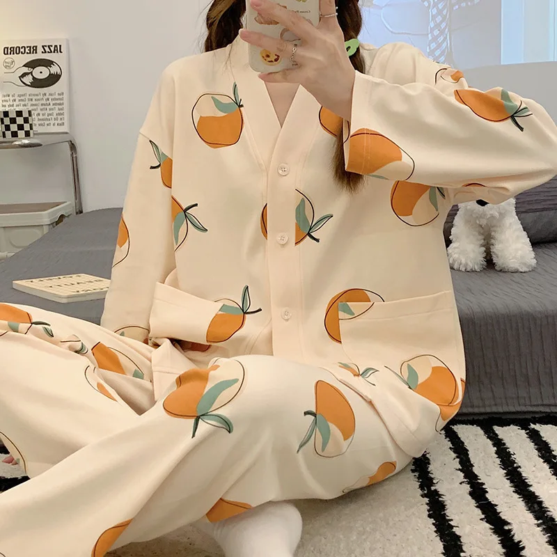 Spring Autumn Women's Thin Imitation Cotton Pajamas Set V-neck Long Sleeve Cardigan Pants Oversized Loose Cartoon Home Suit