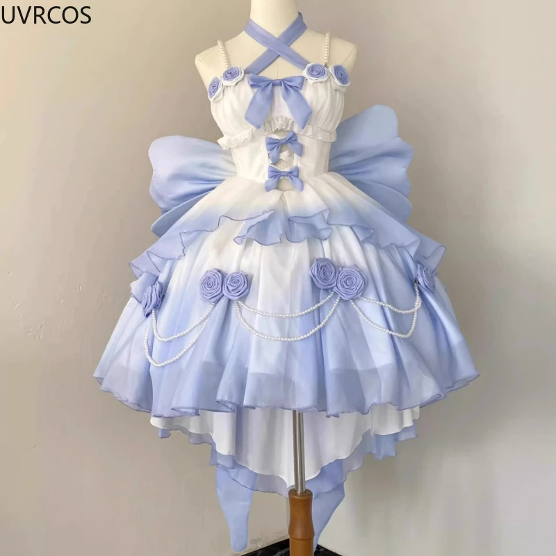 Retro Victorian Lolita Dress Elegant Women Sweet Bow Pearl Chain Ruffles Rose Flower Kawaii Gradient Pink Princess Dress