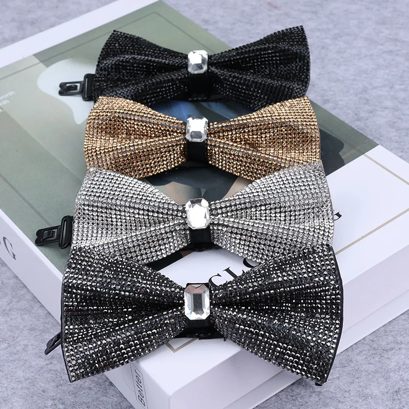 Bow Tie New Rhineston Bow Tie For Men Shining Crystal Collar Bowtie Luxury Wedding Banquet Party Bling Butterfly Knot Bridegroom Bow Ties