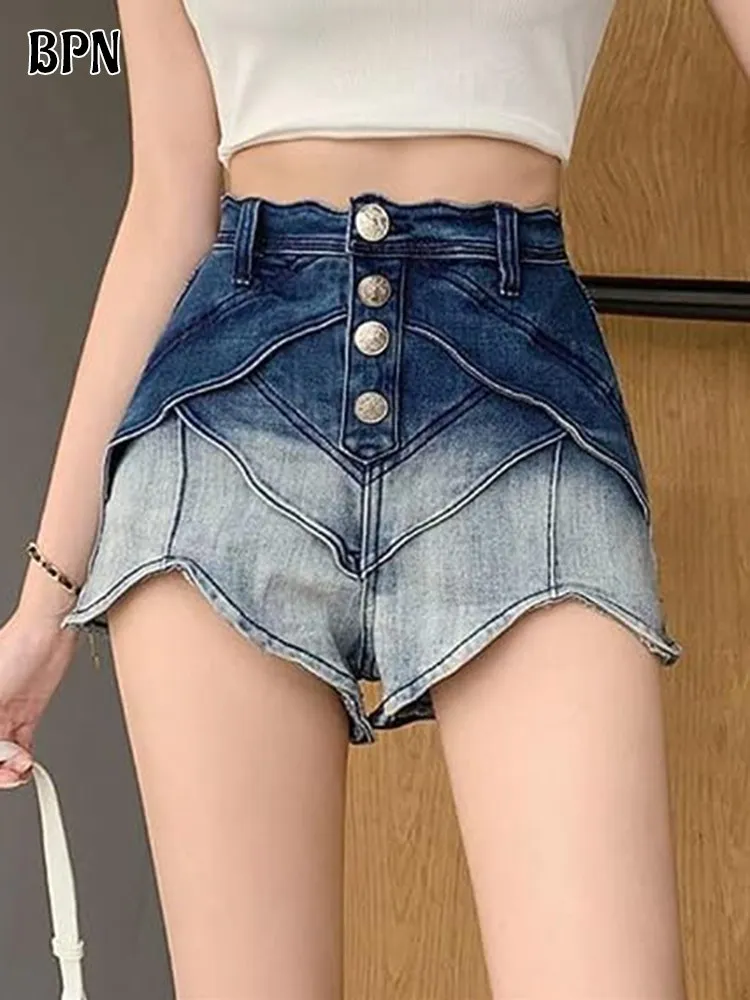 BPN Patchwork Single Breasted Denim Trousers For Women High Waist Gradient Casual Slim Short Pants Female Clothes Summer Fashion