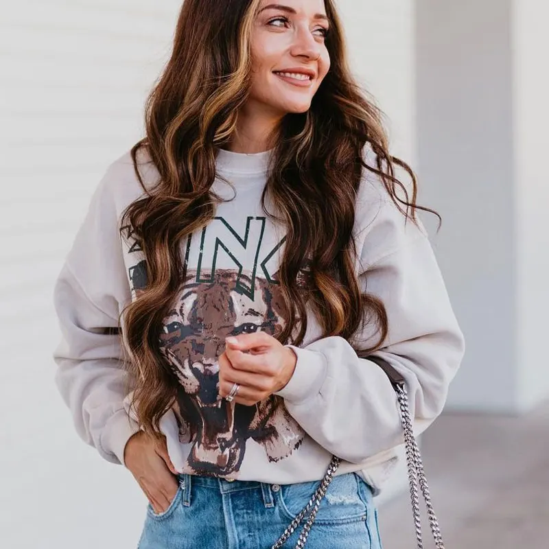 

Women Hoodie 2023 Autumn and Winter TigerHead Print Khaki Fleece 100% Cotton Women Sweatshirt