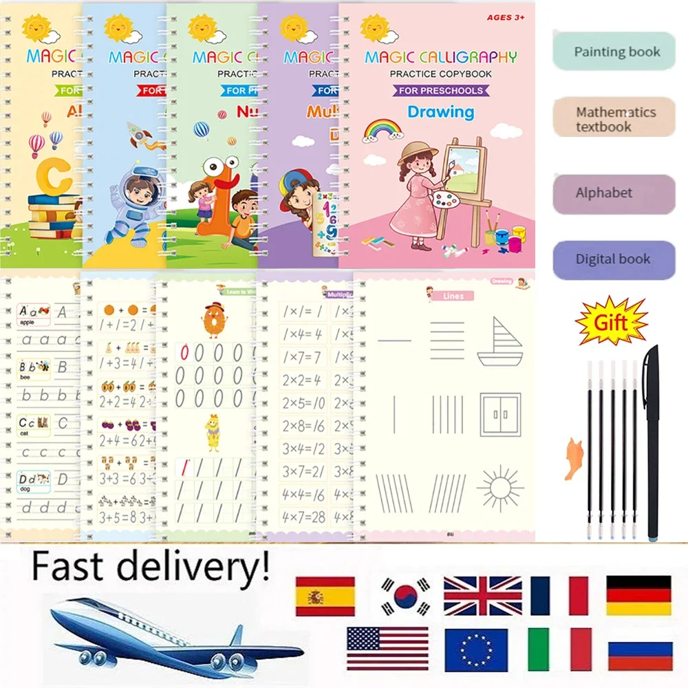 SANK 마술 필기 책, 서예 노트, 몬테소리, 재사용 가능한 교육 연습, 수학, 영어 책, 어린이 완구